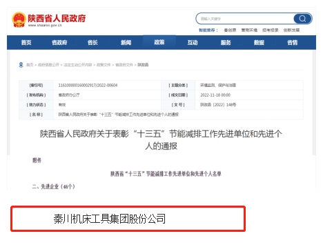 秦川集團(tuán)榮獲陜西省“十三五” 節(jié)能減排工作先進(jìn)企業(yè)