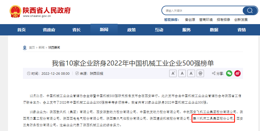 秦川集團(tuán)躋身中國機(jī)械工業(yè)企業(yè)500強(qiáng)、陜西百強(qiáng)企業(yè)榜單